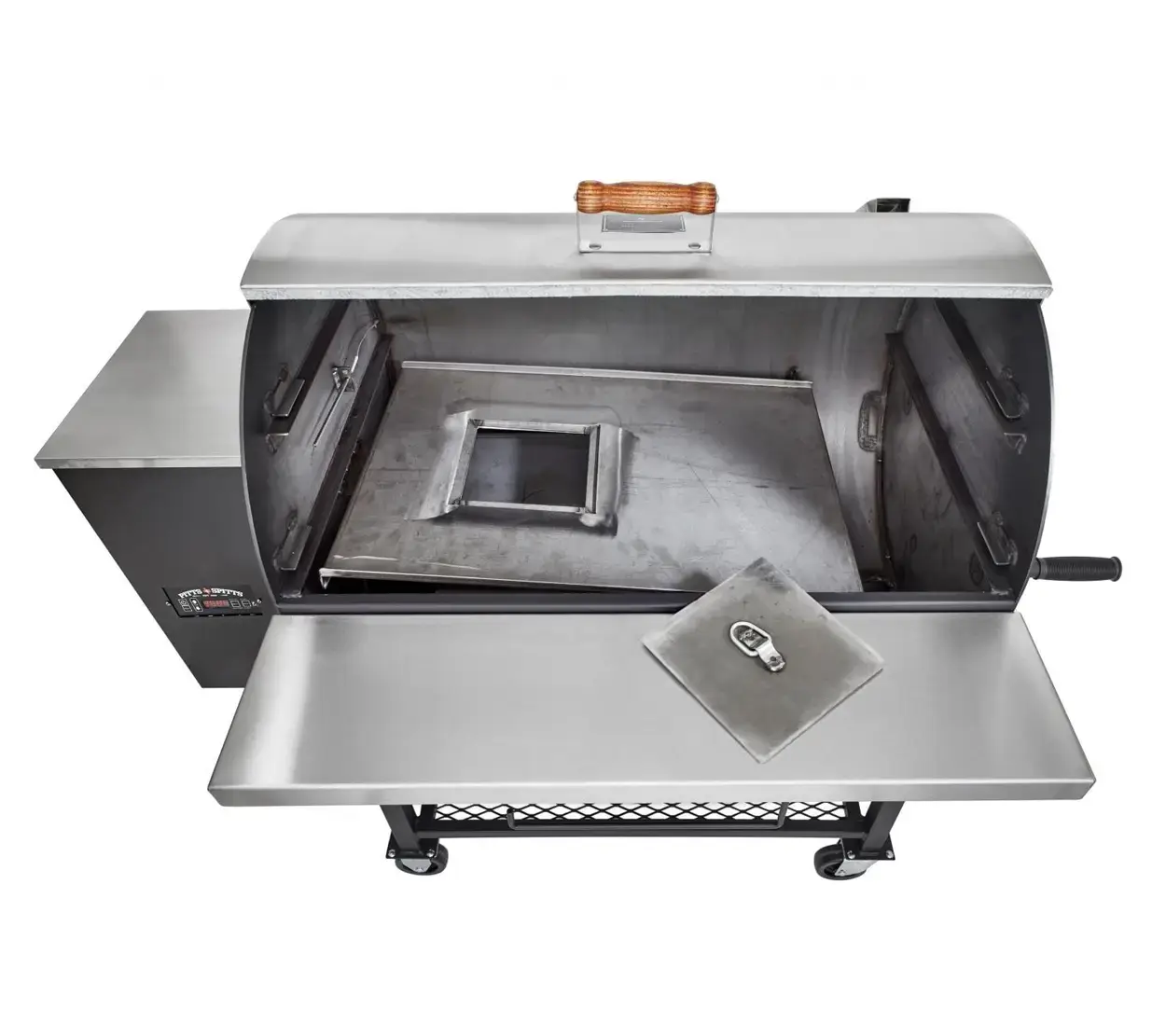 Pitts & Spitts Maverick med öppet lock och lucka för direkt grillning Pitts & Spitts Maverick med öppet lock och lucka för direkt grillning